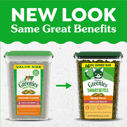 Greenies Feline SMARTBITES Healthy Skin and Fur, Chicken and Salmon Flavors, All Bag Sizes